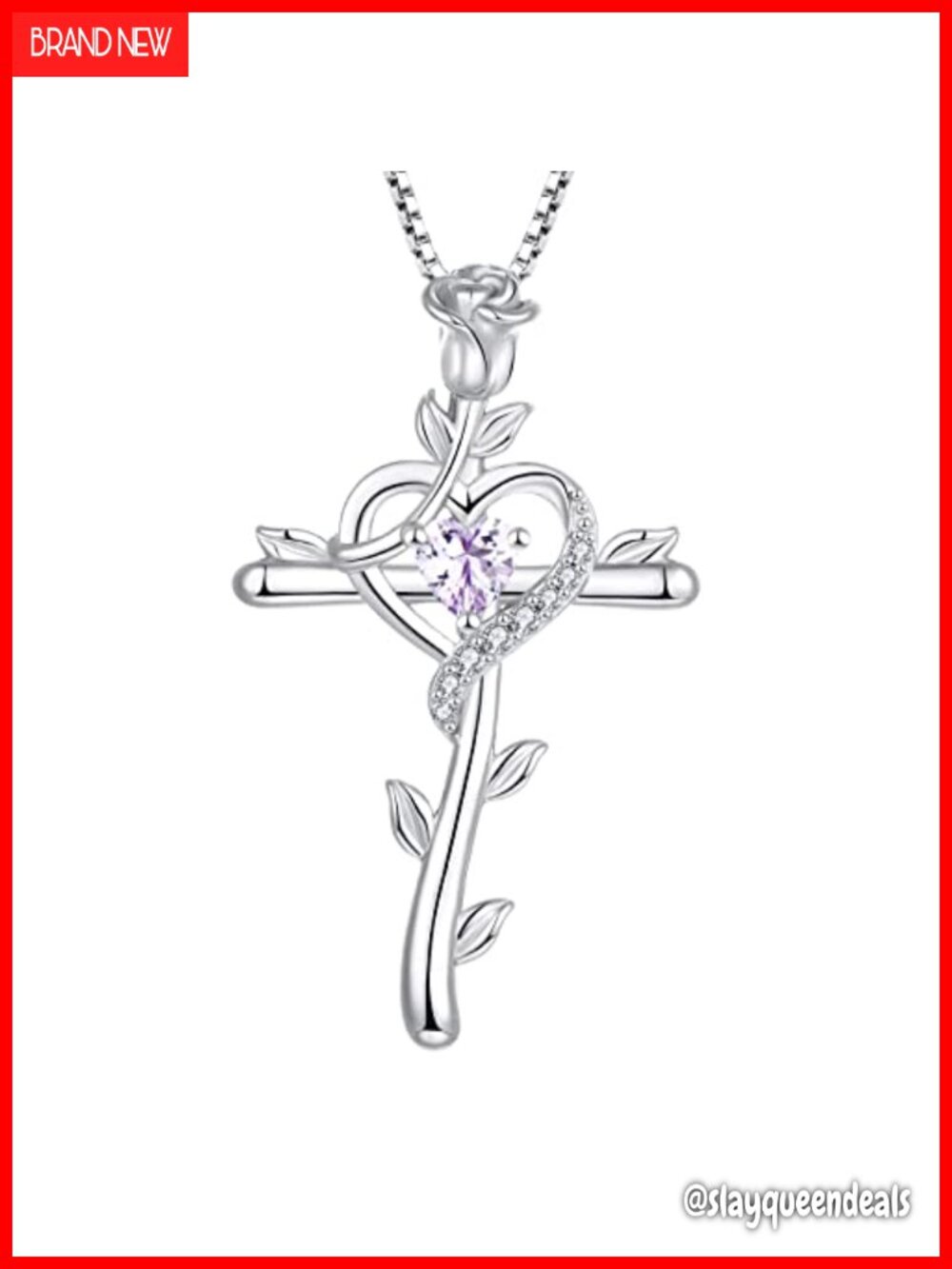 925 Sterling Silver Rose Cross Heart Necklace Cubic Zirconia Pendant